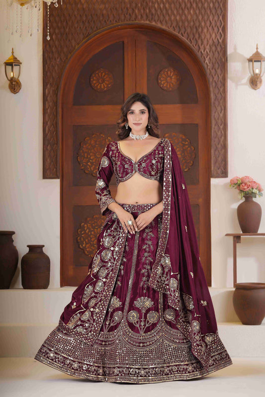 Gorgeous Wine Chinon Silk Zari Designer Wedding Wear Lehenga Choli With Dupatta