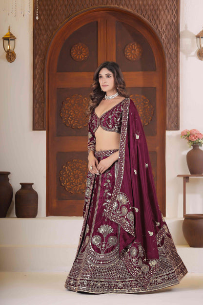 Gorgeous Wine Chinon Silk Zari Designer Wedding Wear Lehenga Choli With Dupatta