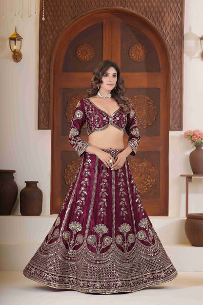 Gorgeous Wine Chinon Silk Zari Designer Wedding Wear Lehenga Choli With Dupatta