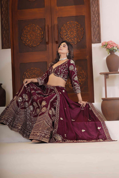 Gorgeous Wine Chinon Silk Zari Designer Wedding Wear Lehenga Choli With Dupatta