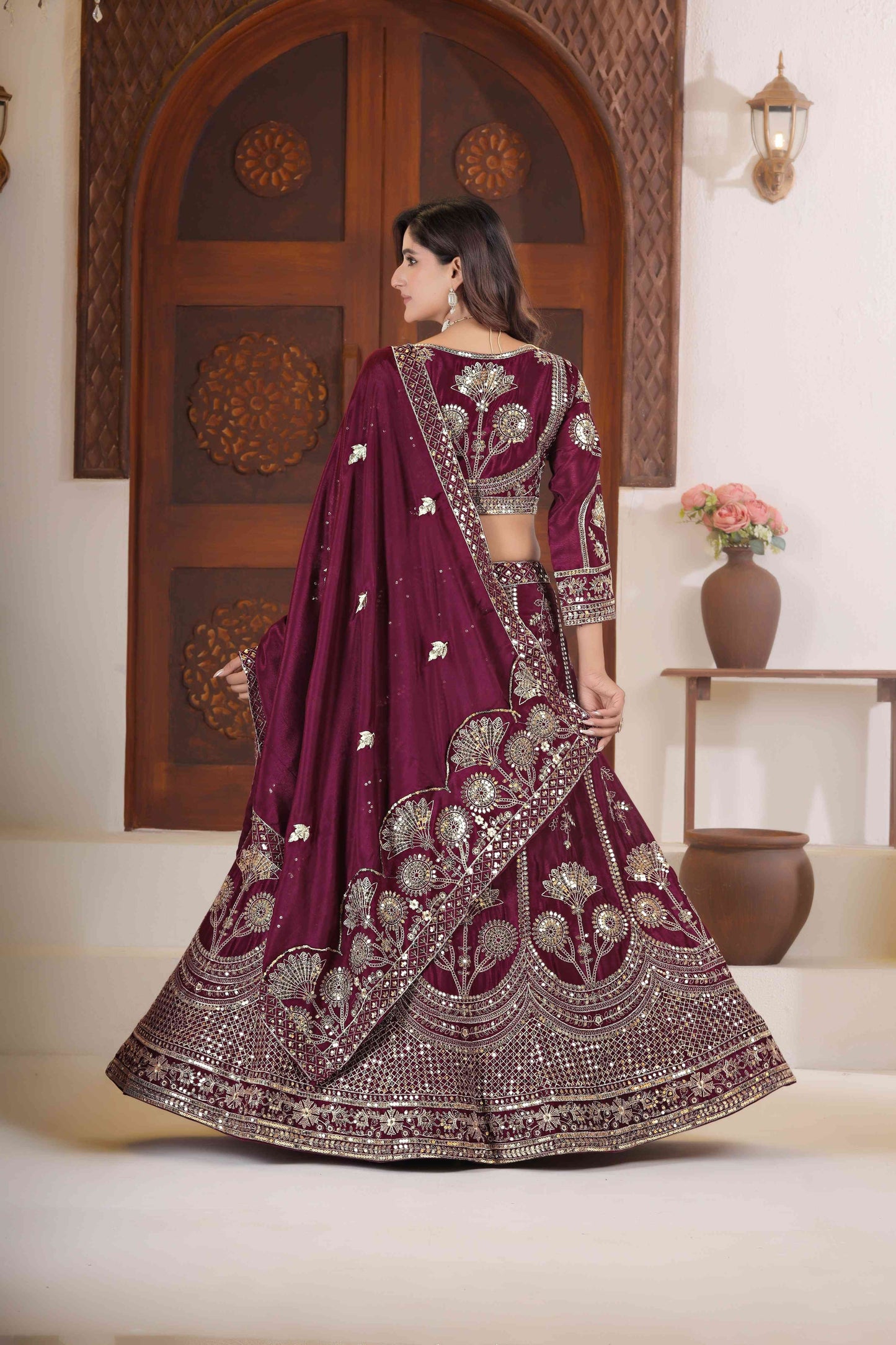 Gorgeous Wine Chinon Silk Zari Designer Wedding Wear Lehenga Choli With Dupatta