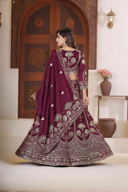 Gorgeous Wine Chinon Silk Zari Designer Wedding Wear Lehenga Choli With Dupatta