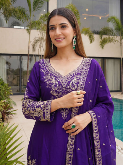Magenta Purple Chinon Embroidered  Sequence Designer Function Wear Kurta Salwar Suit