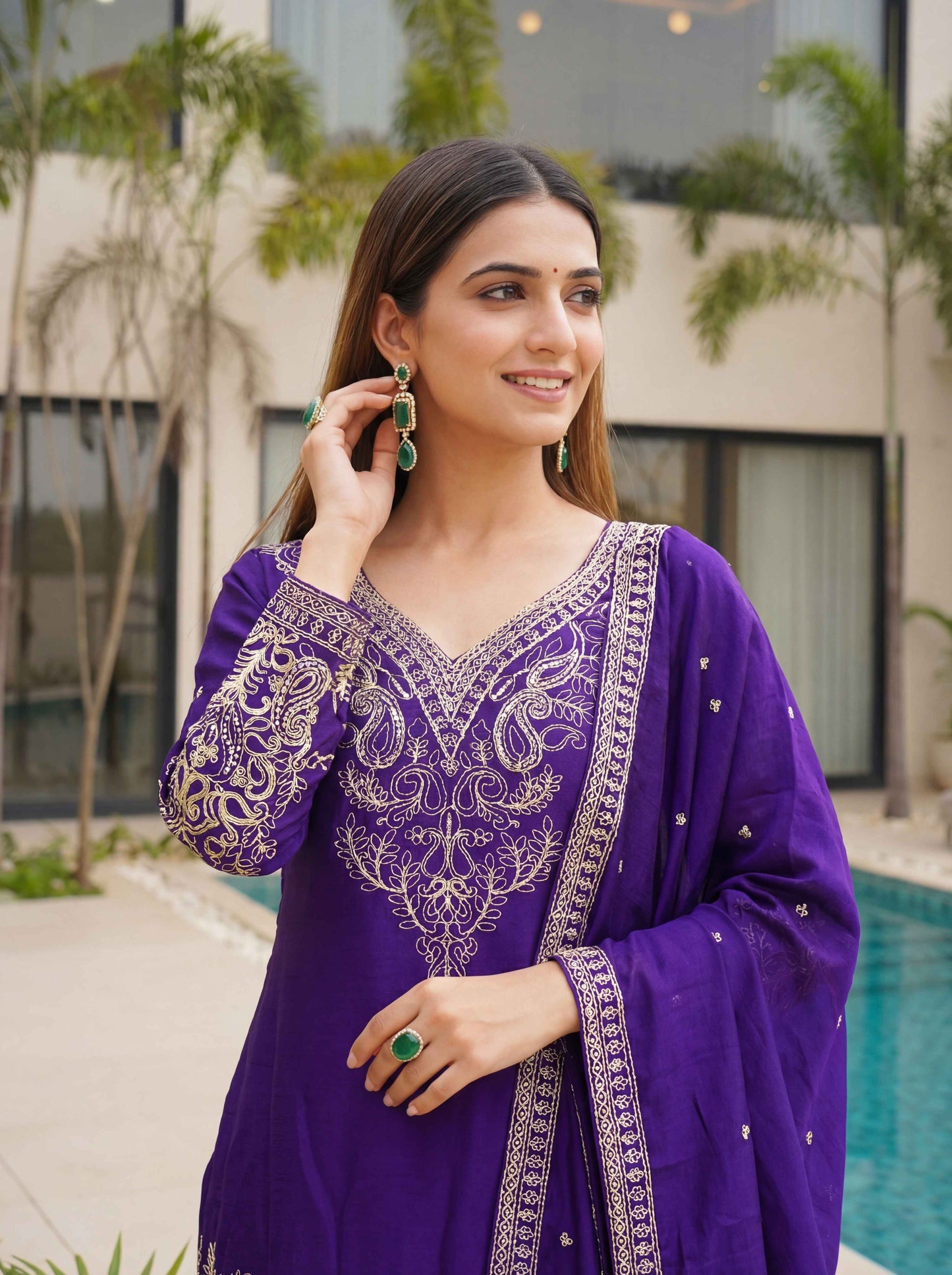 Magenta Purple Chinon Embroidered  Sequence Designer Function Wear Kurta Salwar Suit