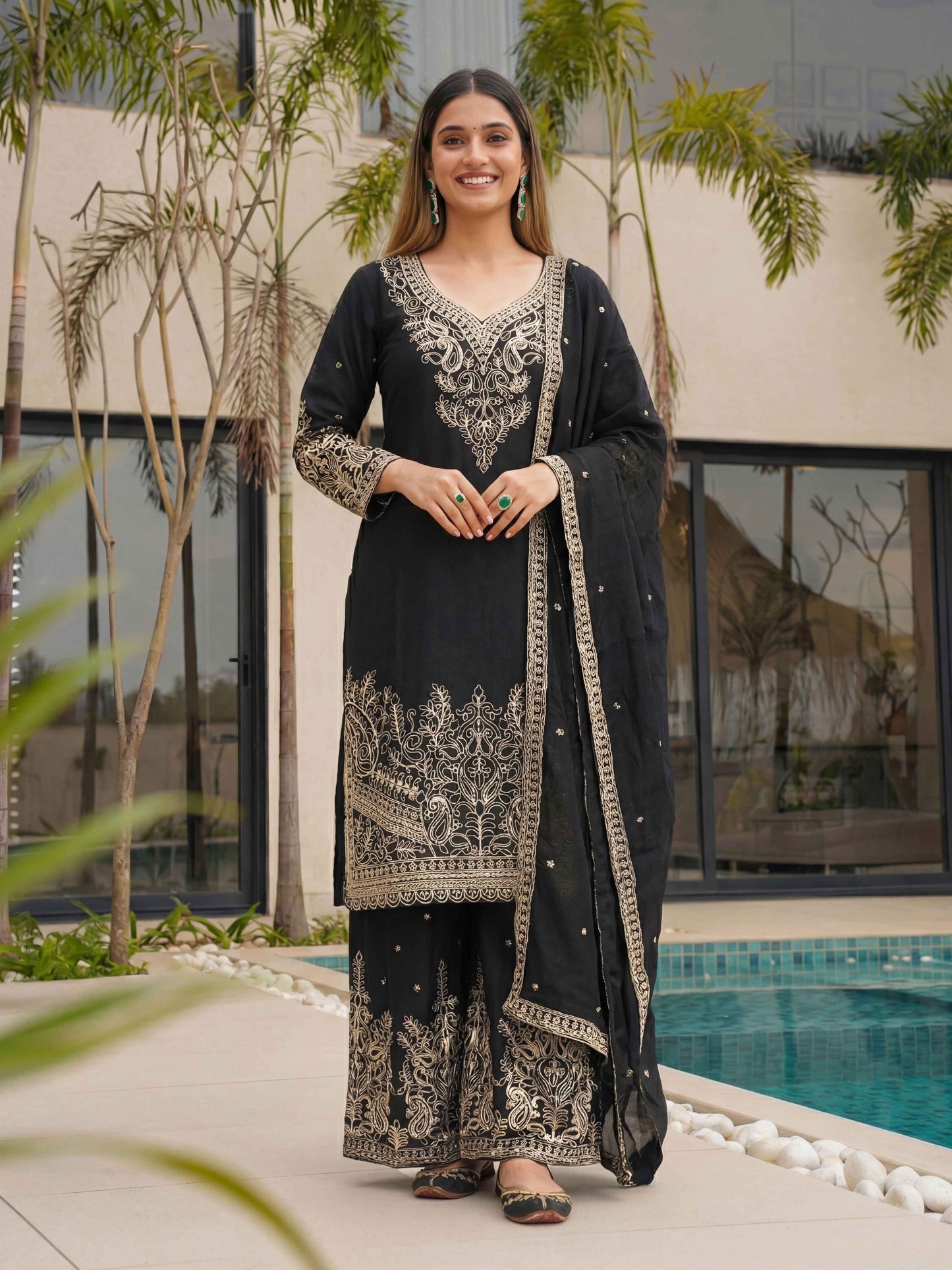Magenta Black Chinon Embroidered  Sequence Designer Function Wear Kurta Salwar Suit