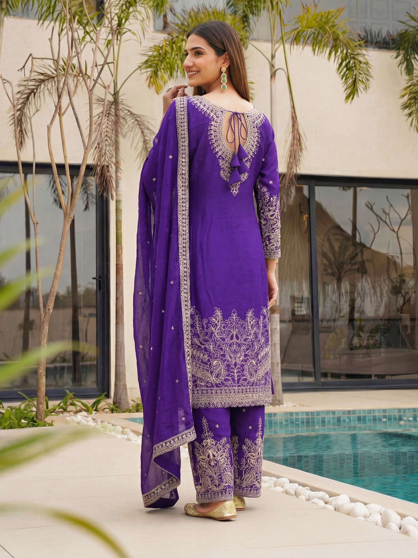 Magenta Purple Chinon Embroidered  Sequence Designer Function Wear Kurta Salwar Suit