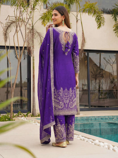 Magenta Purple Chinon Embroidered  Sequence Designer Function Wear Kurta Salwar Suit