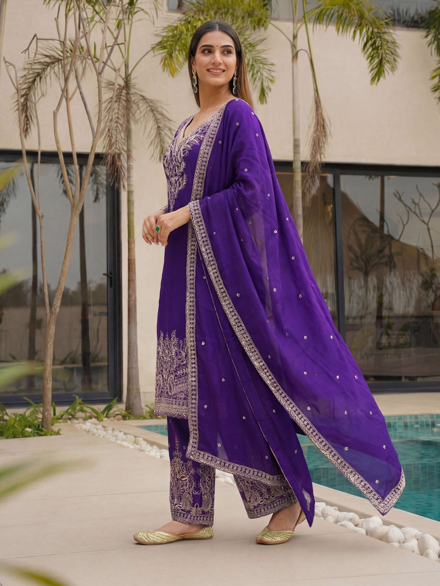 Magenta Purple Chinon Embroidered  Sequence Designer Function Wear Kurta Salwar Suit