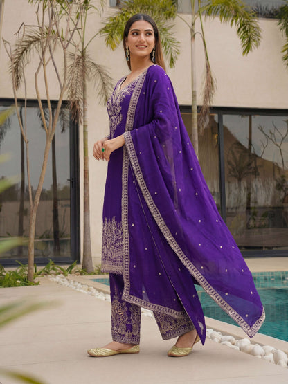 Magenta Purple Chinon Embroidered  Sequence Designer Function Wear Kurta Salwar Suit