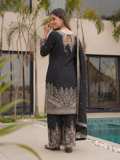 Magenta Black Chinon Embroidered  Sequence Designer Function Wear Kurta Salwar Suit