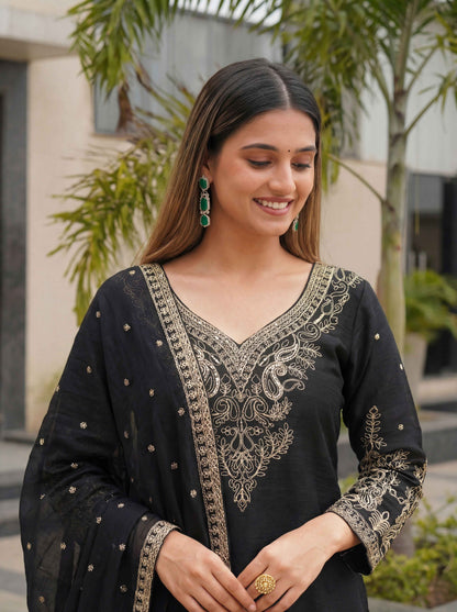 Magenta Black Chinon Embroidered  Sequence Designer Function Wear Kurta Salwar Suit