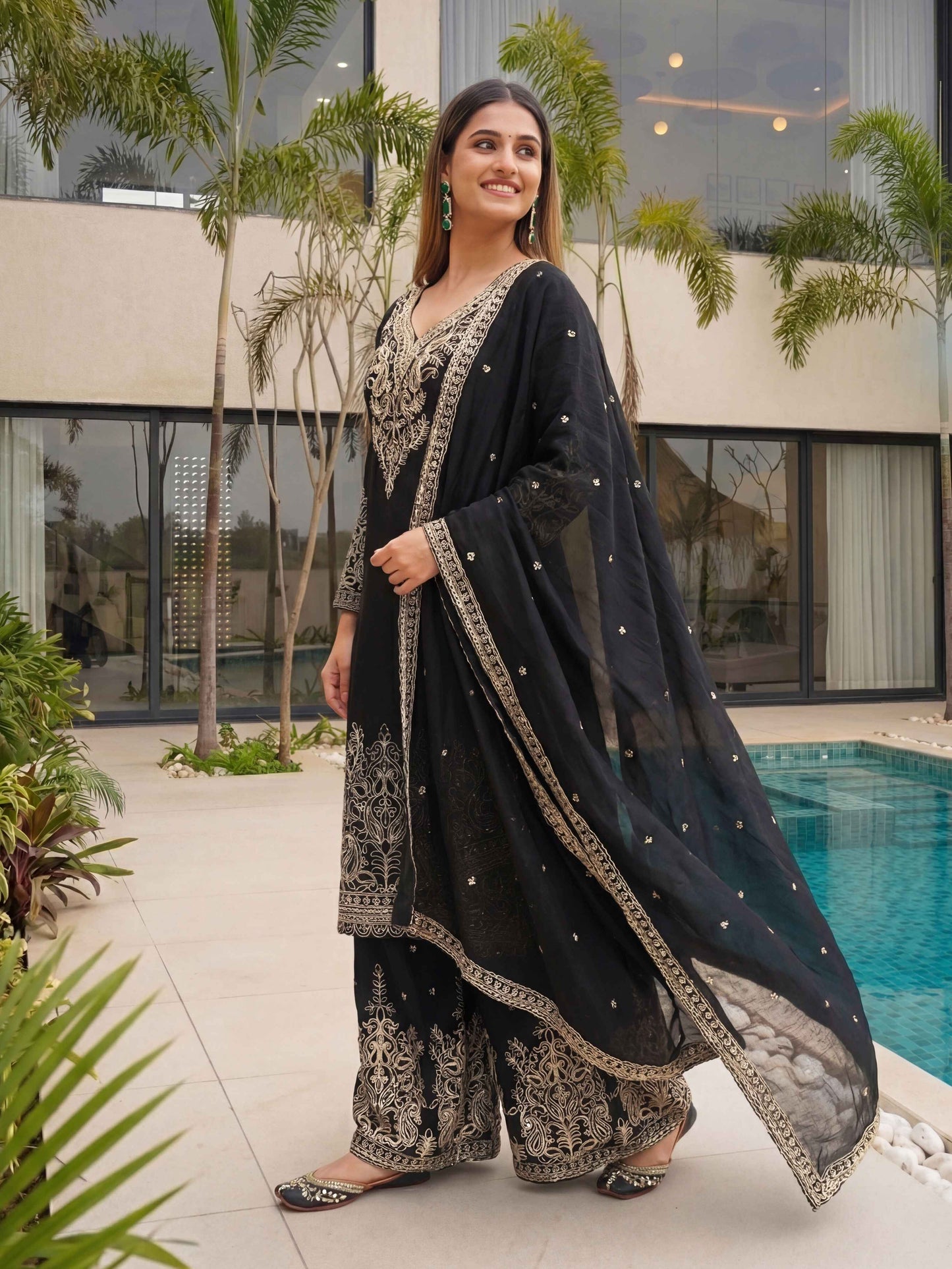 Magenta Black Chinon Embroidered  Sequence Designer Function Wear Kurta Salwar Suit