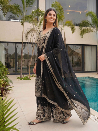 Magenta Black Chinon Embroidered  Sequence Designer Function Wear Kurta Salwar Suit