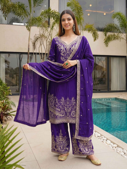 Magenta Purple Chinon Embroidered  Sequence Designer Function Wear Kurta Salwar Suit