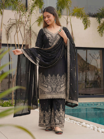 Magenta Black Chinon Embroidered  Sequence Designer Function Wear Kurta Salwar Suit