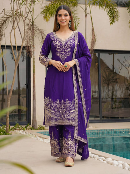 Magenta Purple Chinon Embroidered  Sequence Designer Function Wear Kurta Salwar Suit