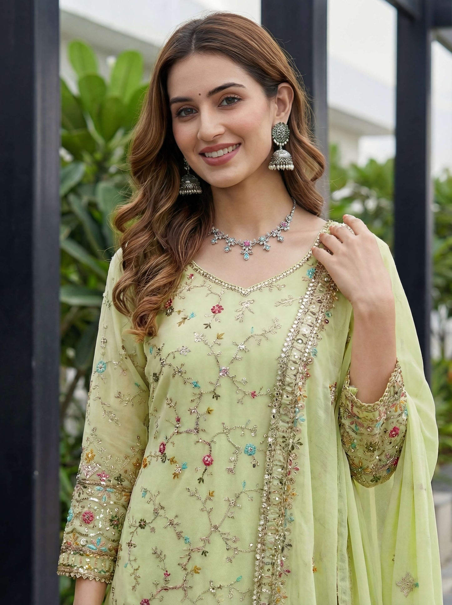 Mesmerize Pastel Green Georgette Thread Embroidered Designer Festive Wear Sharara Suit