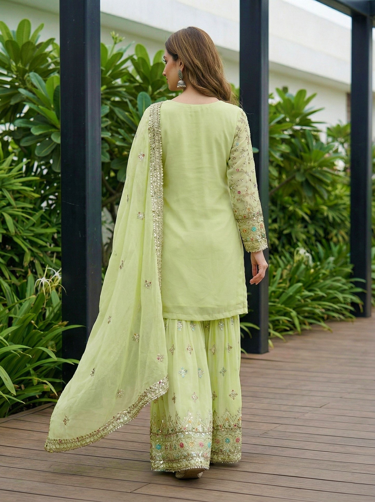 Mesmerize Pastel Green Georgette Thread Embroidered Designer Festive Wear Sharara Suit