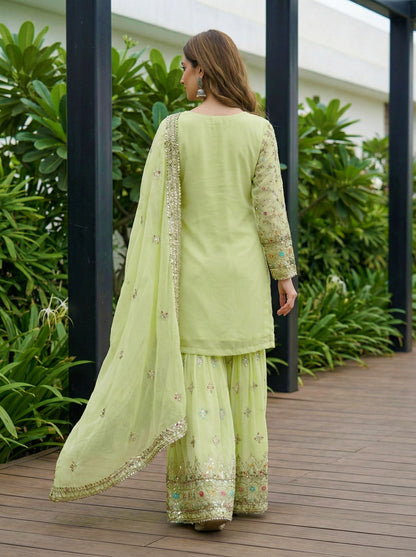 Mesmerize Pastel Green Georgette Thread Embroidered Designer Festive Wear Sharara Suit