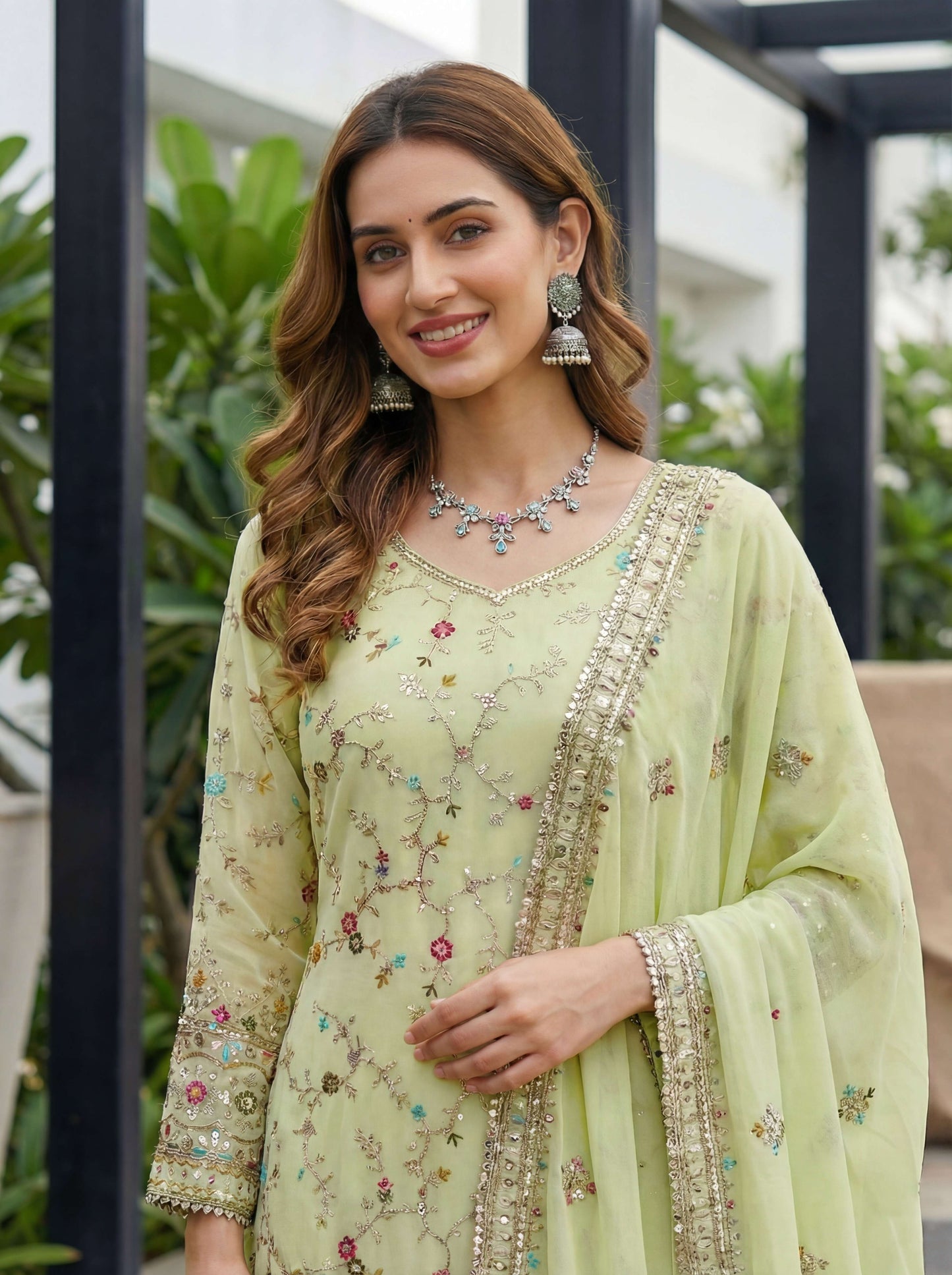 Mesmerize Pastel Green Georgette Thread Embroidered Designer Festive Wear Sharara Suit