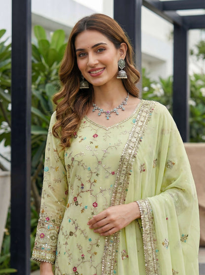 Mesmerize Pastel Green Georgette Thread Embroidered Designer Festive Wear Sharara Suit