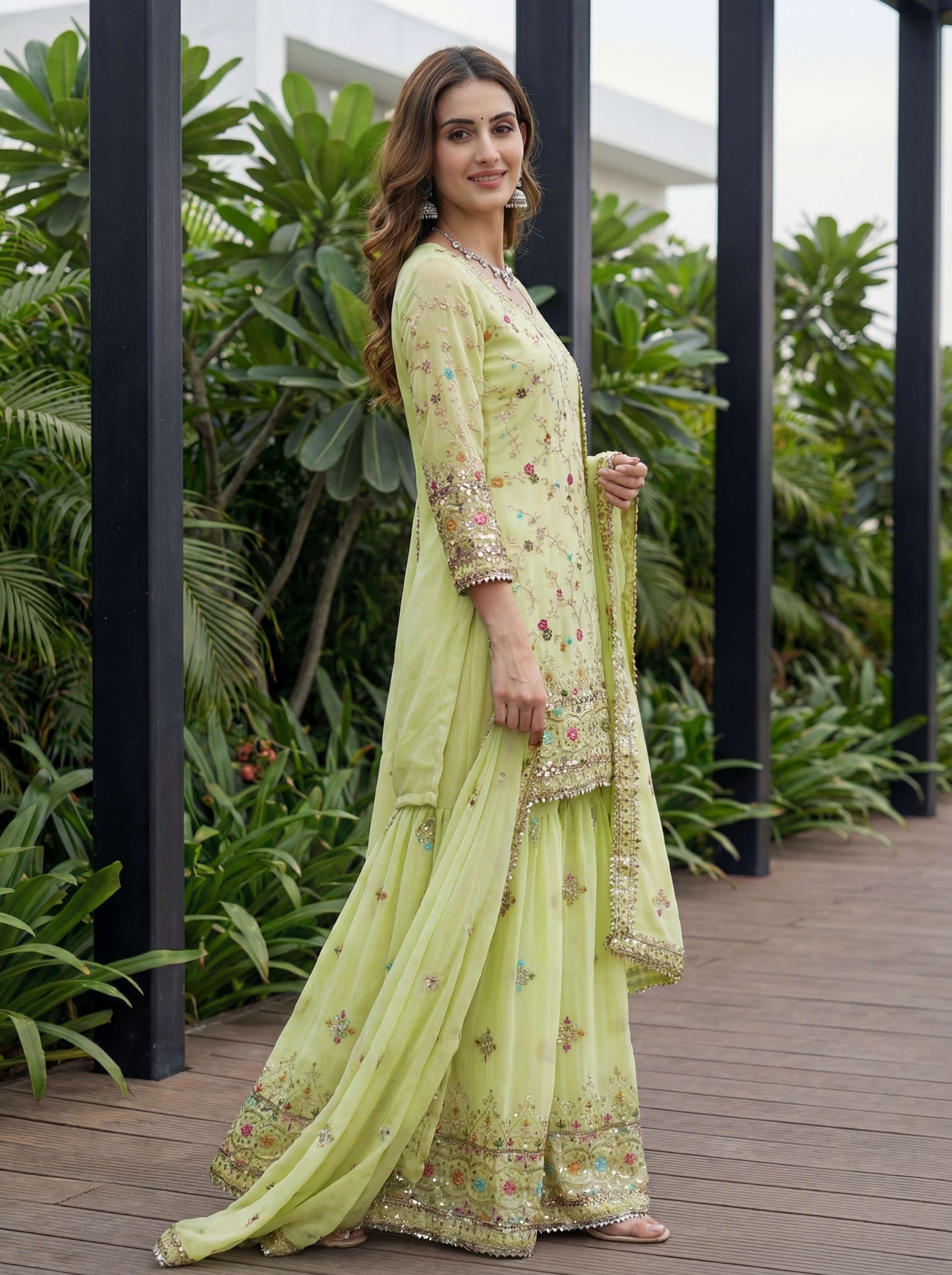 Mesmerize Pastel Green Georgette Thread Embroidered Designer Festive Wear Sharara Suit