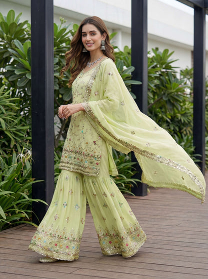 Mesmerize Pastel Green Georgette Thread Embroidered Designer Festive Wear Sharara Suit