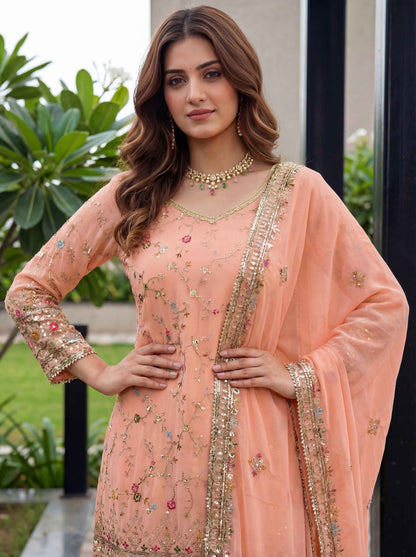 Elegant Peach Georgette Thread Embroidered Designer Festive Wear Sharara Suit