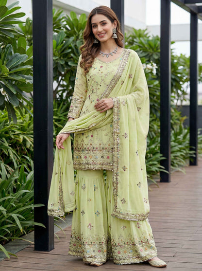Mesmerize Pastel Green Georgette Thread Embroidered Designer Festive Wear Sharara Suit