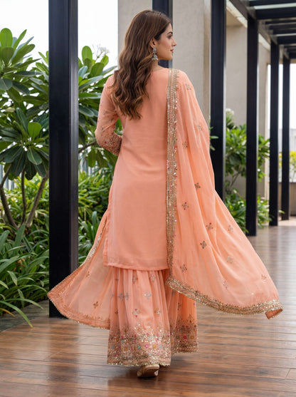Elegant Peach Georgette Thread Embroidered Designer Festive Wear Sharara Suit
