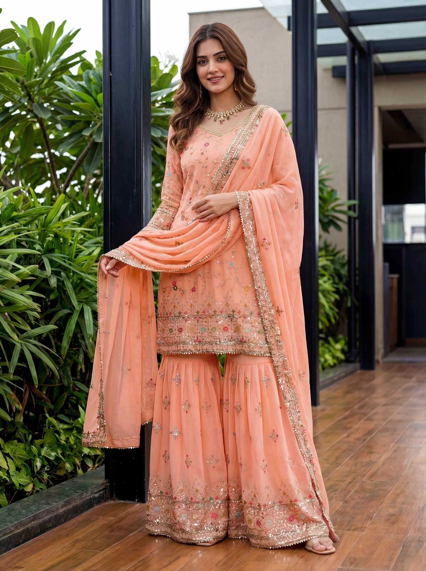 Elegant Peach Georgette Thread Embroidered Designer Festive Wear Sharara Suit
