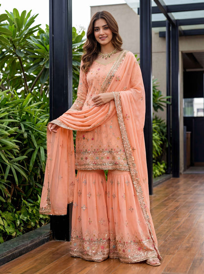 Elegant Peach Georgette Thread Embroidered Designer Festive Wear Sharara Suit