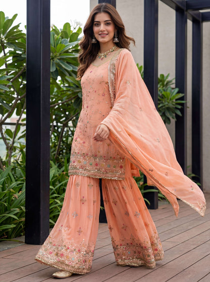 Elegant Peach Georgette Thread Embroidered Designer Festive Wear Sharara Suit