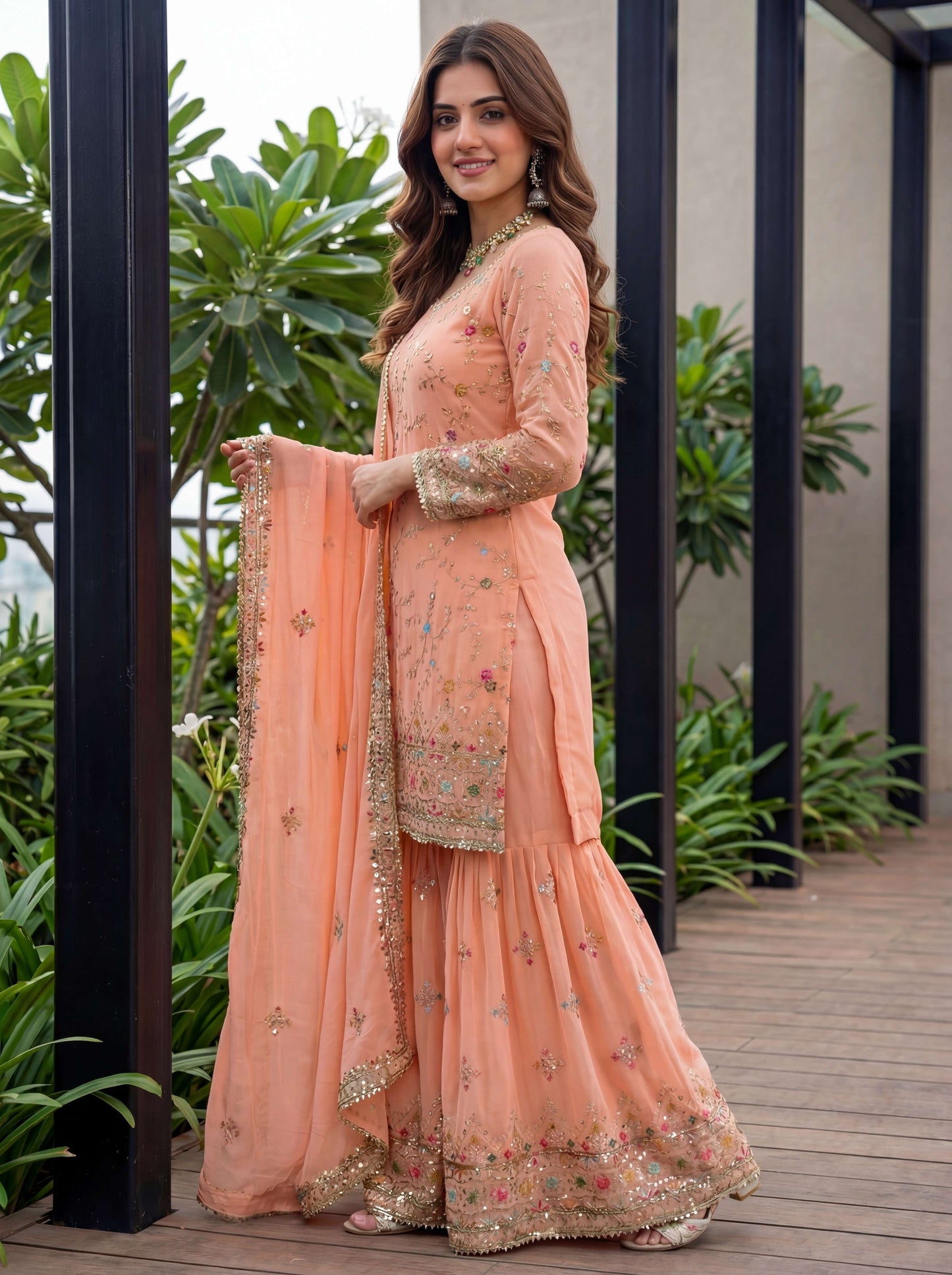 Elegant Peach Georgette Thread Embroidered Designer Festive Wear Sharara Suit
