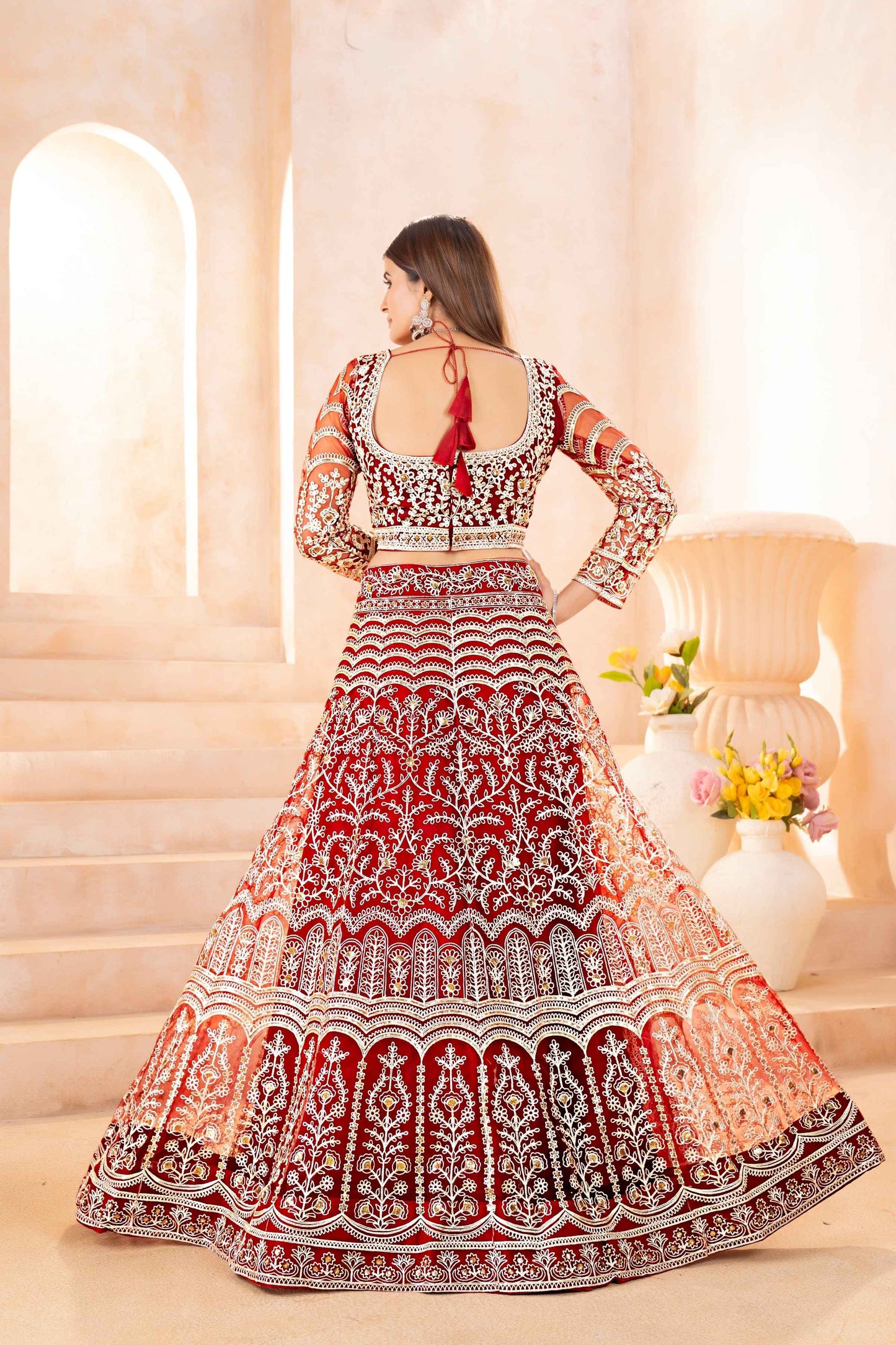 Mesmerizing Maroon Net Mehndi Wear Embroidered Designer Lehnga Choli With Dupatta