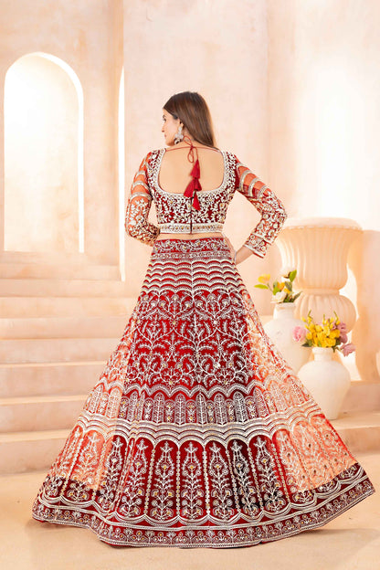 Mesmerizing Maroon Net Mehndi Wear Embroidered Designer Lehnga Choli With Dupatta