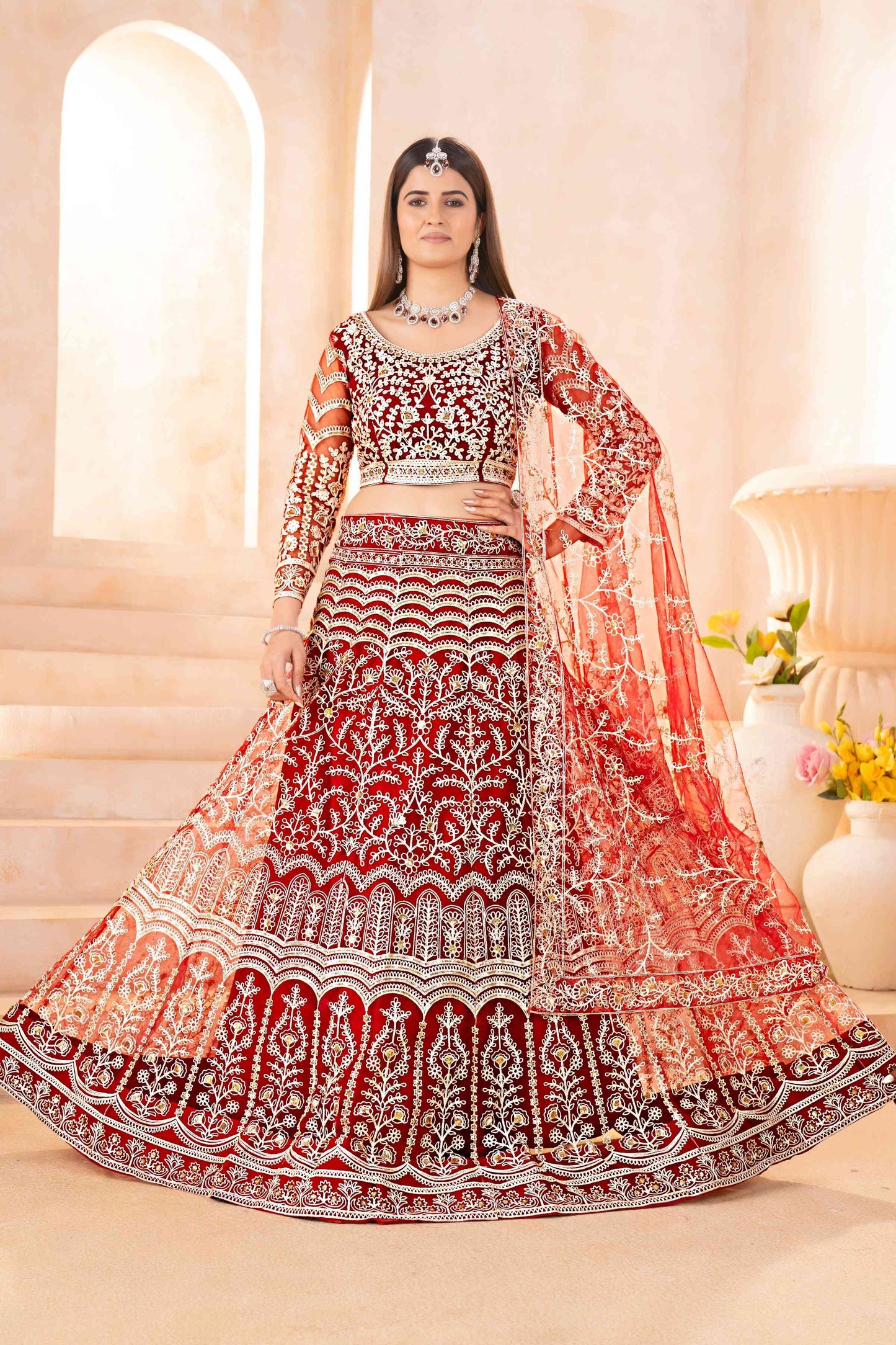 Mesmerizing Maroon Net Mehndi Wear Embroidered Designer Lehnga Choli With Dupatta