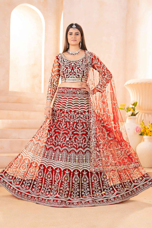 Mesmerizing Maroon Net Mehndi Wear Embroidered Designer Lehnga Choli With Dupatta