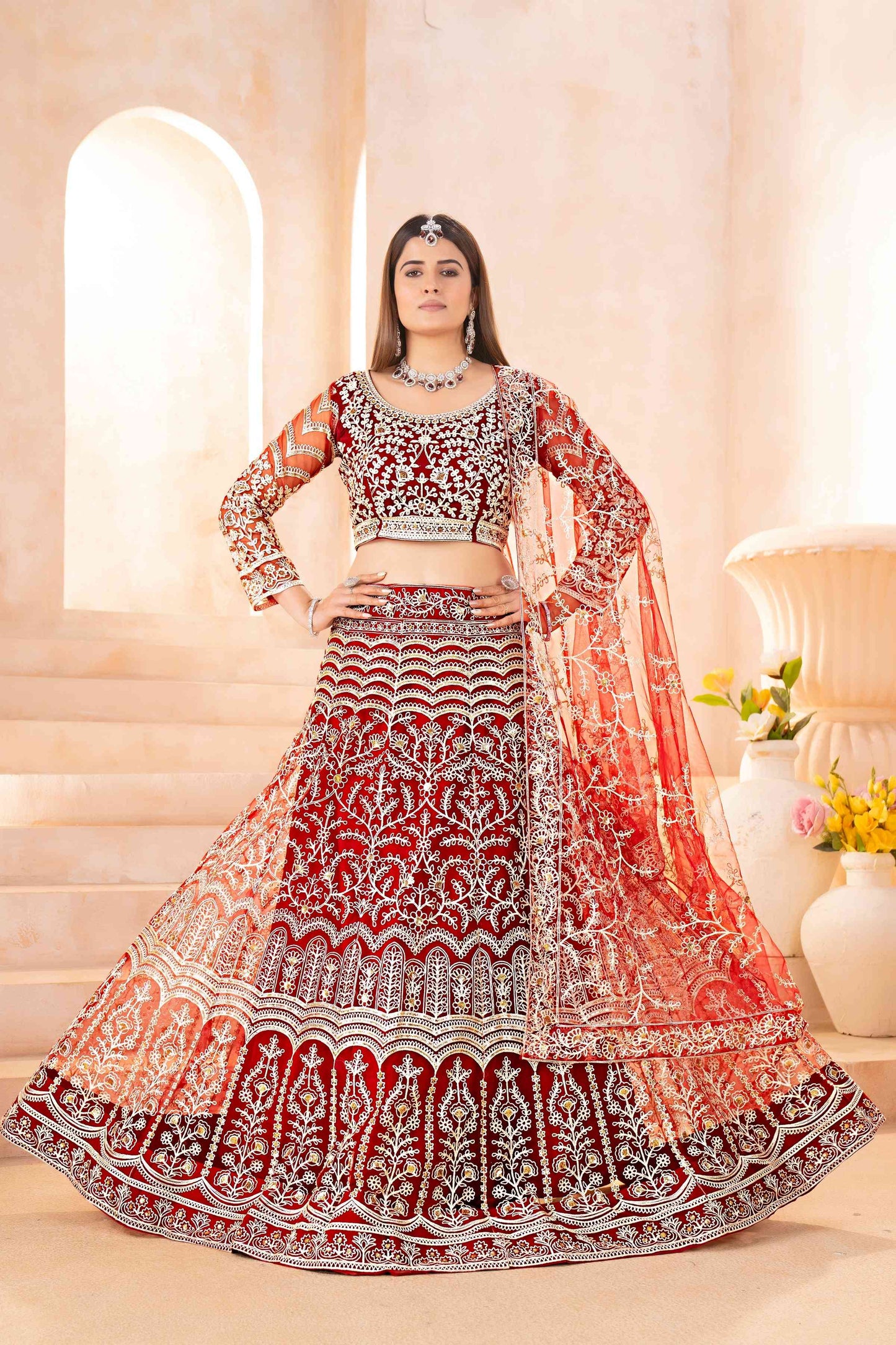 Mesmerizing Maroon Net Mehndi Wear Embroidered Designer Lehnga Choli With Dupatta