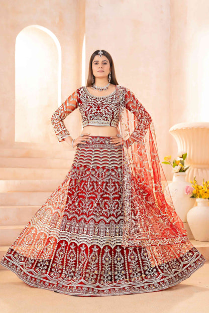 Mesmerizing Maroon Net Mehndi Wear Embroidered Designer Lehnga Choli With Dupatta