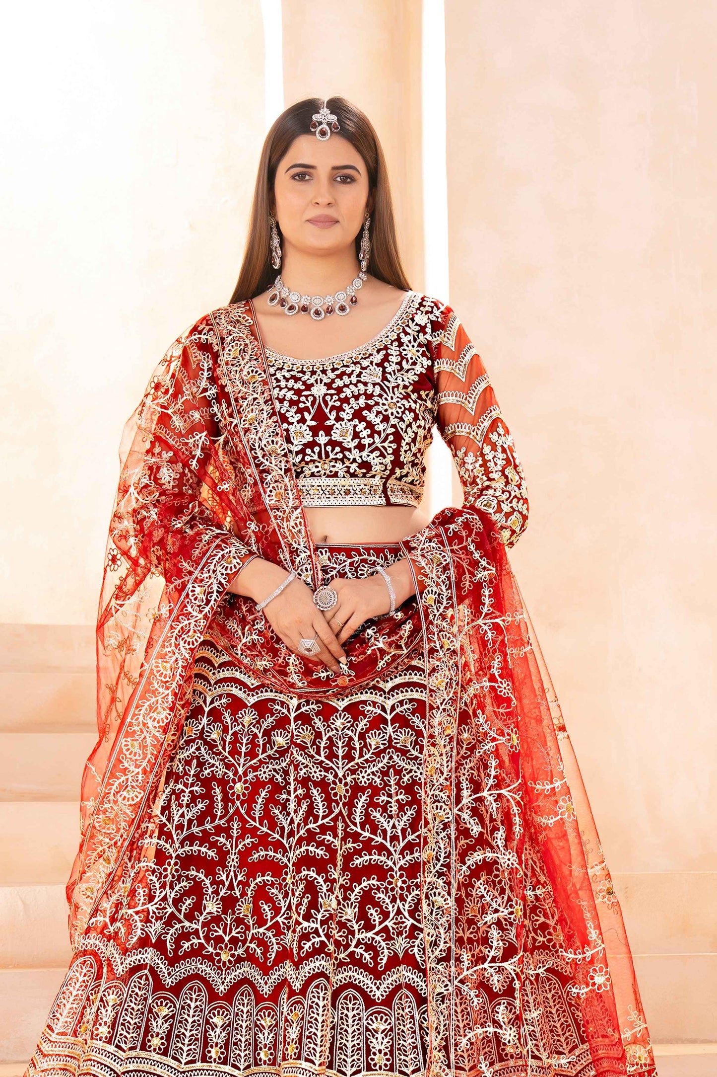 Mesmerizing Maroon Net Mehndi Wear Embroidered Designer Lehnga Choli With Dupatta