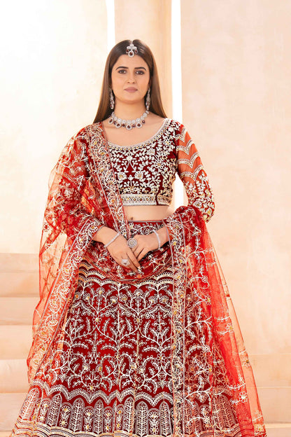 Mesmerizing Maroon Net Mehndi Wear Embroidered Designer Lehnga Choli With Dupatta