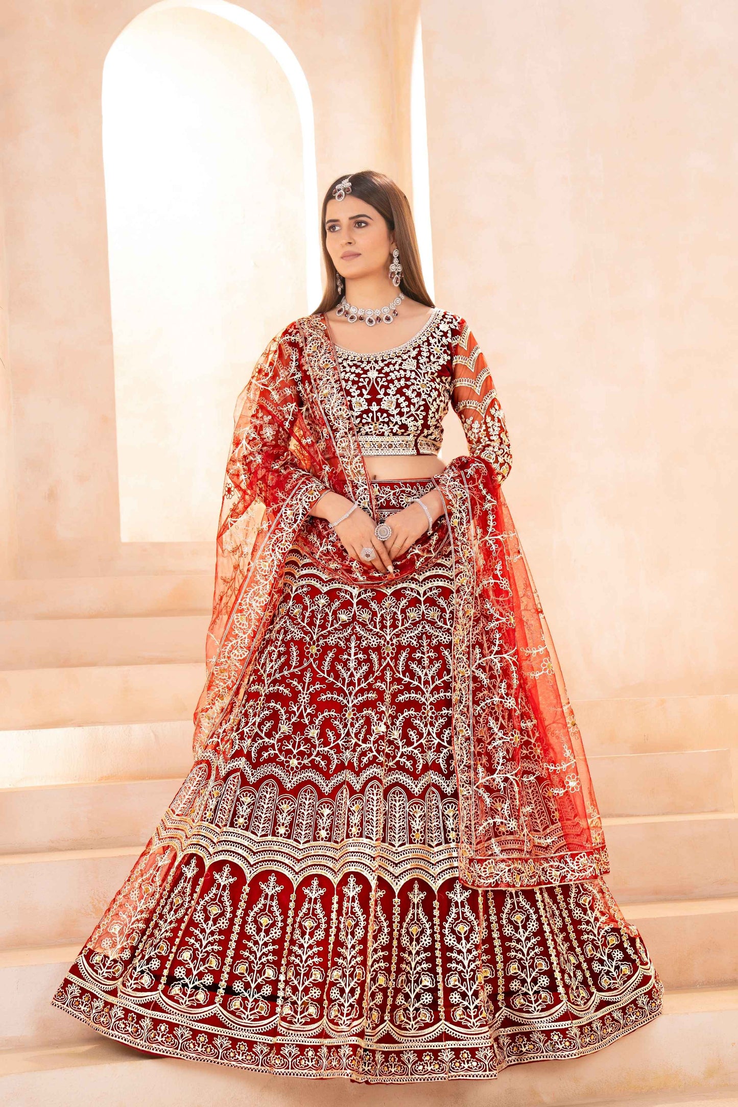 Mesmerizing Maroon Net Mehndi Wear Embroidered Designer Lehnga Choli With Dupatta