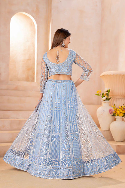 Attractive Powder Blue Butterfly Net Sequence And Embroidery Designer Sangeet Wear Lehenga Choli