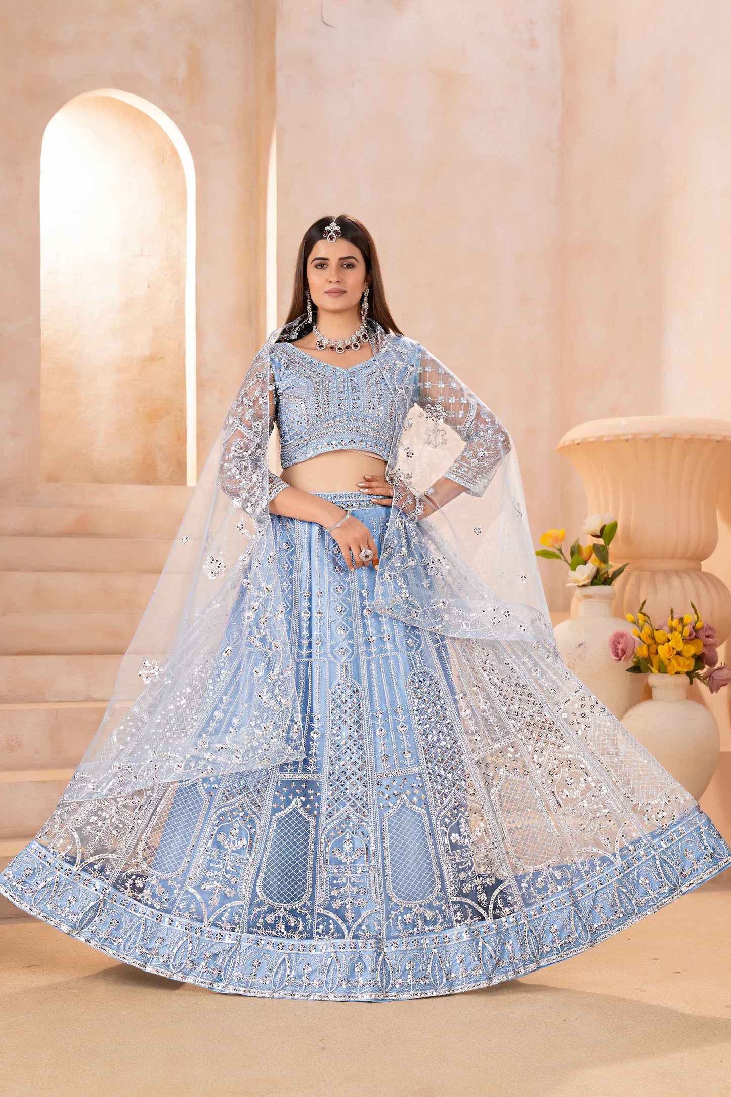 Attractive Powder Blue Butterfly Net Sequence And Embroidery Designer Sangeet Wear Lehenga Choli