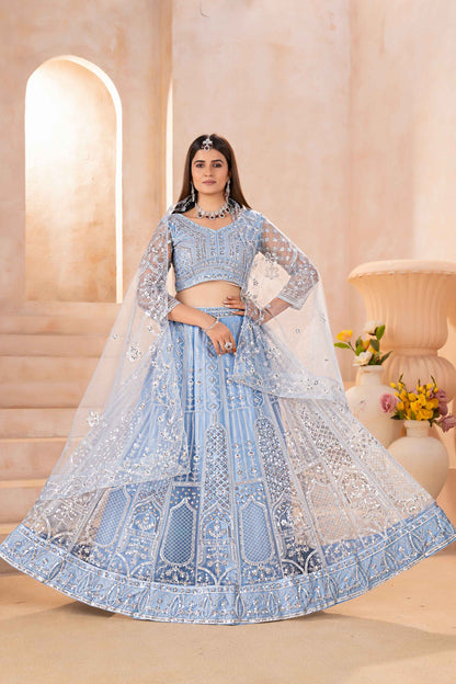Attractive Powder Blue Butterfly Net Sequence And Embroidery Designer Sangeet Wear Lehenga Choli