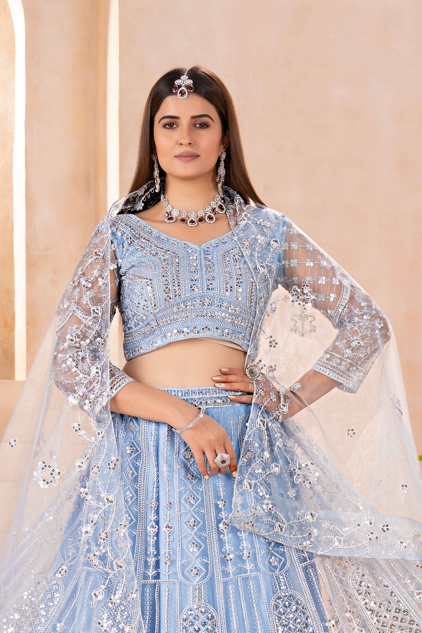 Attractive Powder Blue Butterfly Net Sequence And Embroidery Designer Sangeet Wear Lehenga Choli