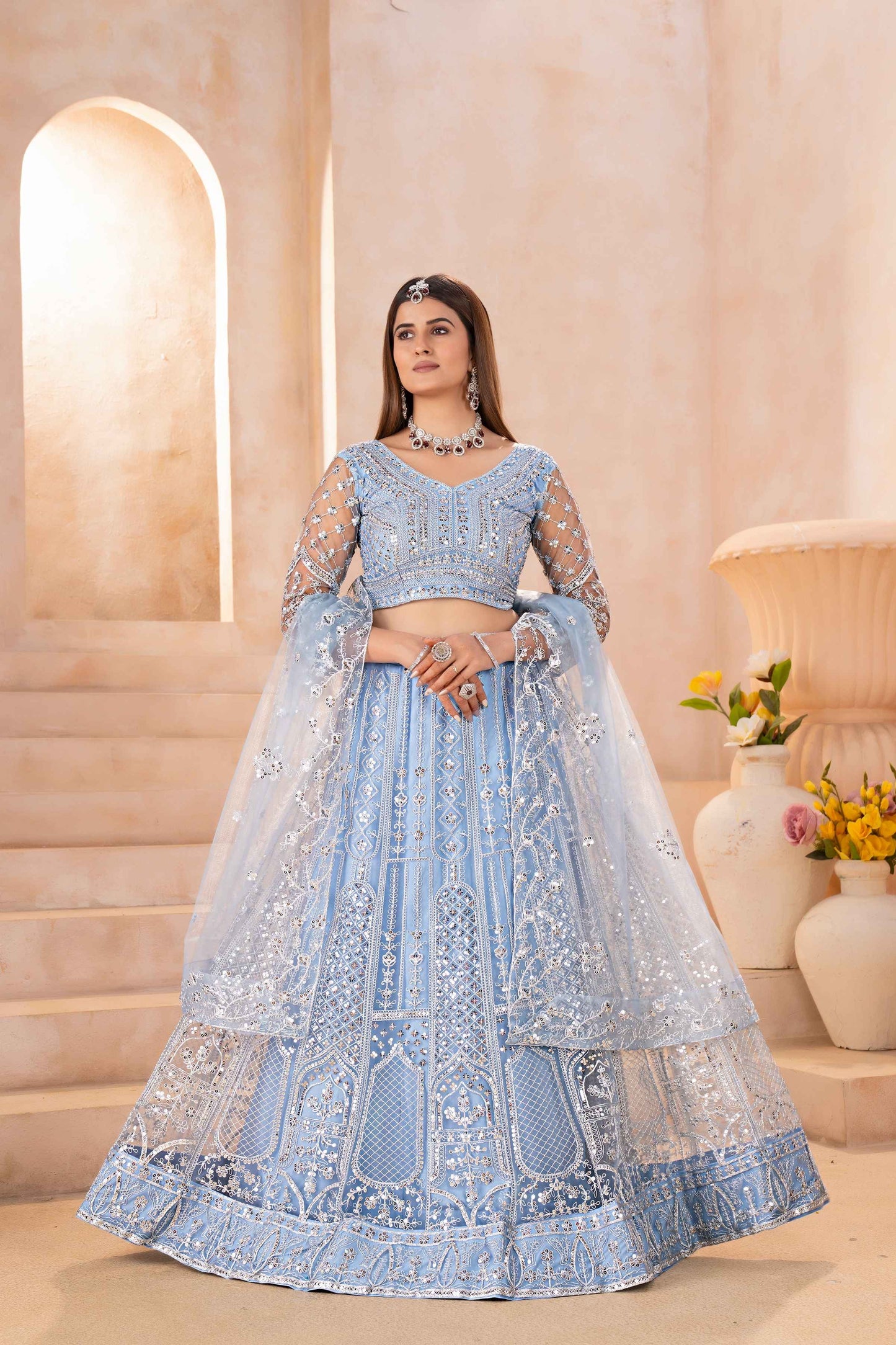 Attractive Powder Blue Butterfly Net Sequence And Embroidery Designer Sangeet Wear Lehenga Choli