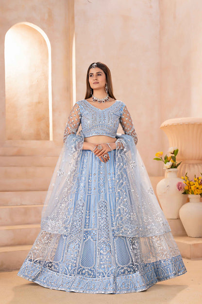 Attractive Powder Blue Butterfly Net Sequence And Embroidery Designer Sangeet Wear Lehenga Choli