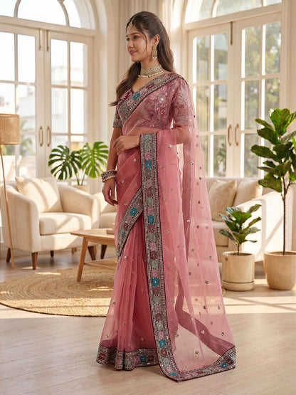 Timeless Soft Pink Organza Silk Embroidery Lace Work Wedding Wear Saree With Blouse